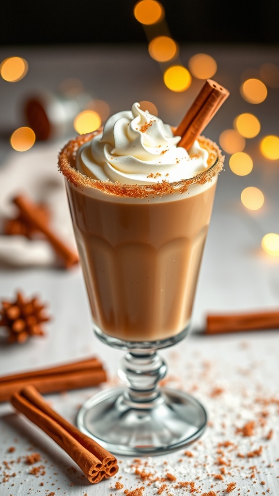 Cinnamon Toast Vodka Cocktail in a glass with cinnamon sugar rim, topped with whipped cream and a cinnamon stick, in soft lighting.